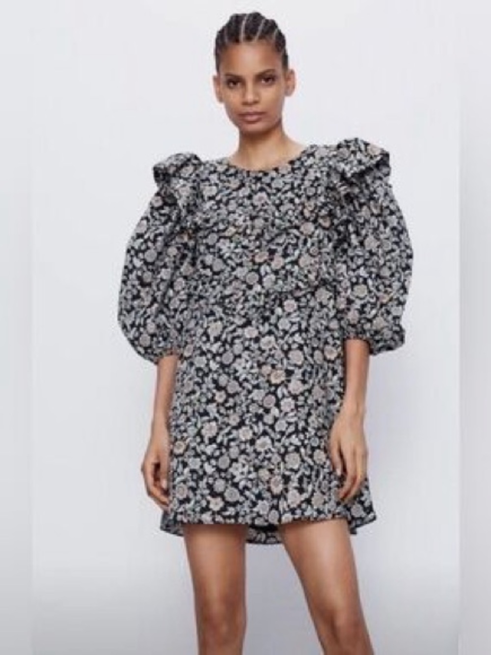 Zara M Black Floral Print Ruffle Keyhole Mini Dress